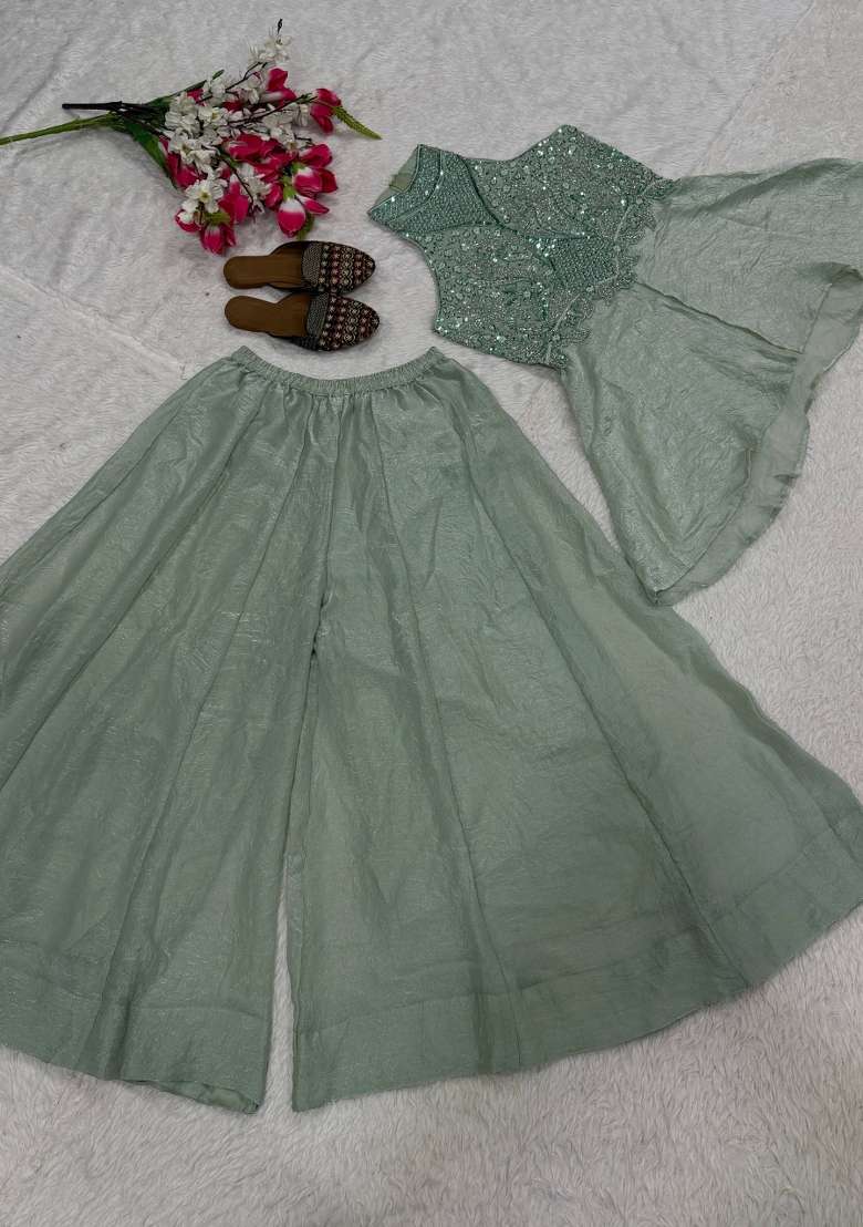 Mint Green Embroidered Silk Sharara Set - Indya