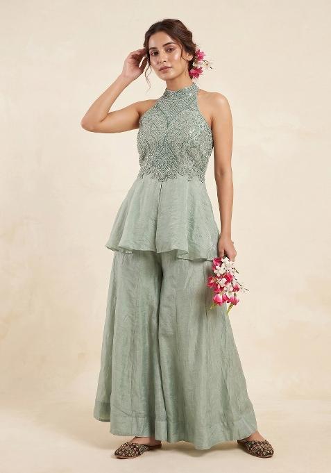 Mint Green Embroidered Silk Sharara Set
