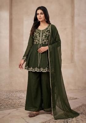 Bottle Green Embroidered Silk Sharara Set