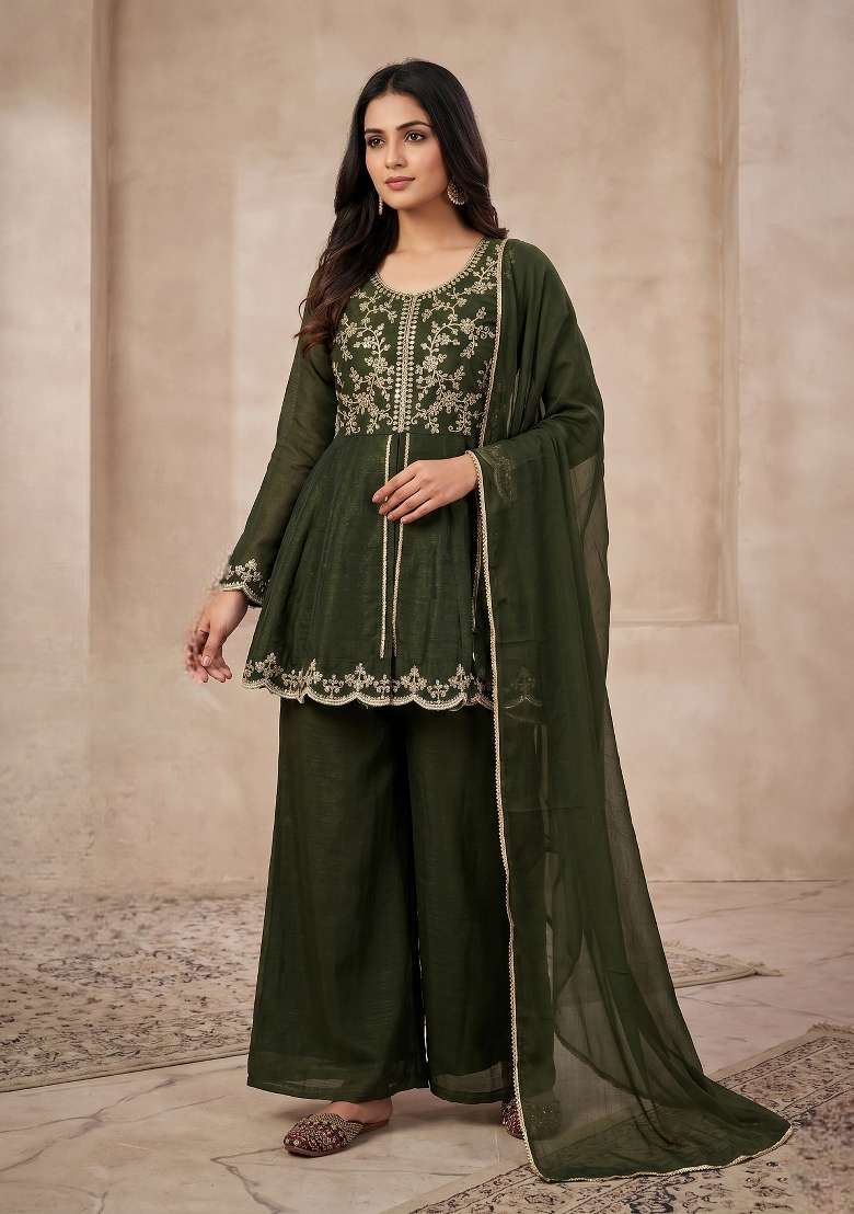 Bottle Green Embroidered Silk Sharara Set - Indya