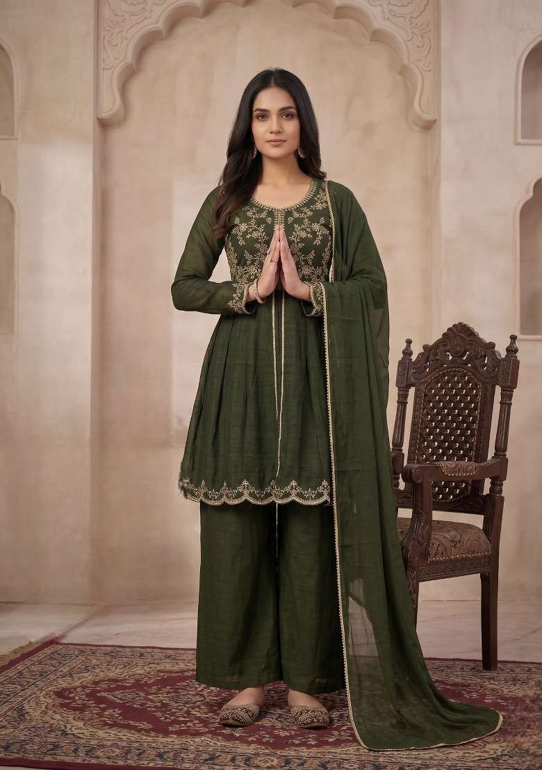 Bottle Green Embroidered Silk Sharara Set - Indya