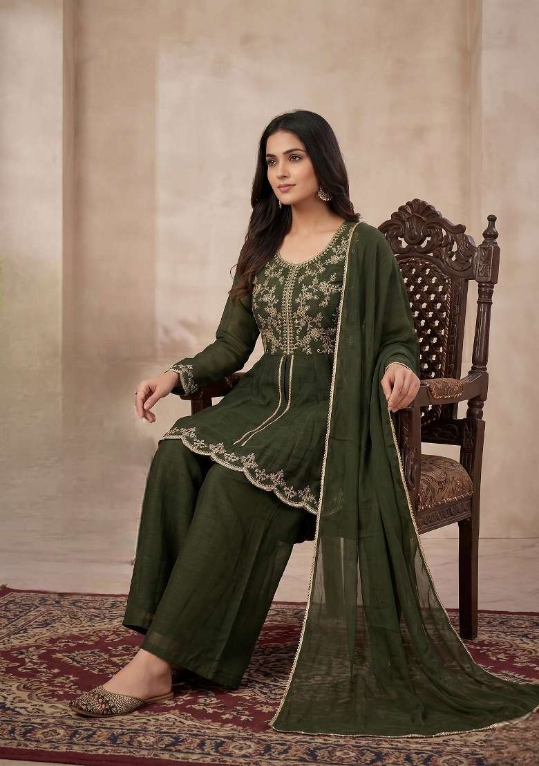 Bottle Green Embroidered Silk Sharara Set - Indya