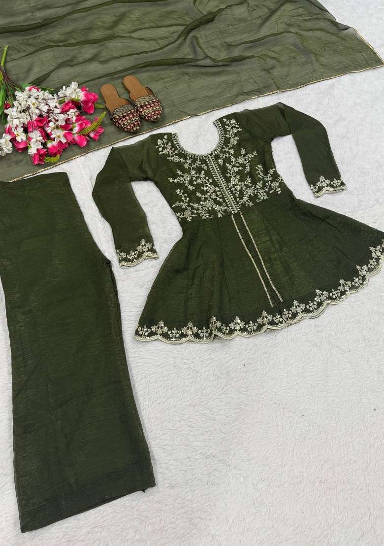 Bottle Green Embroidered Silk Sharara Set - Indya