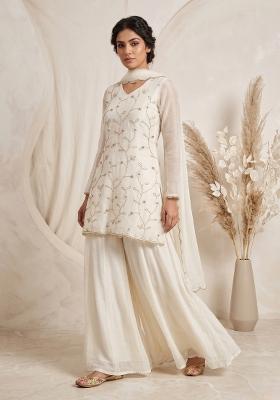Ivory Embroidered Georgette Sharara Set