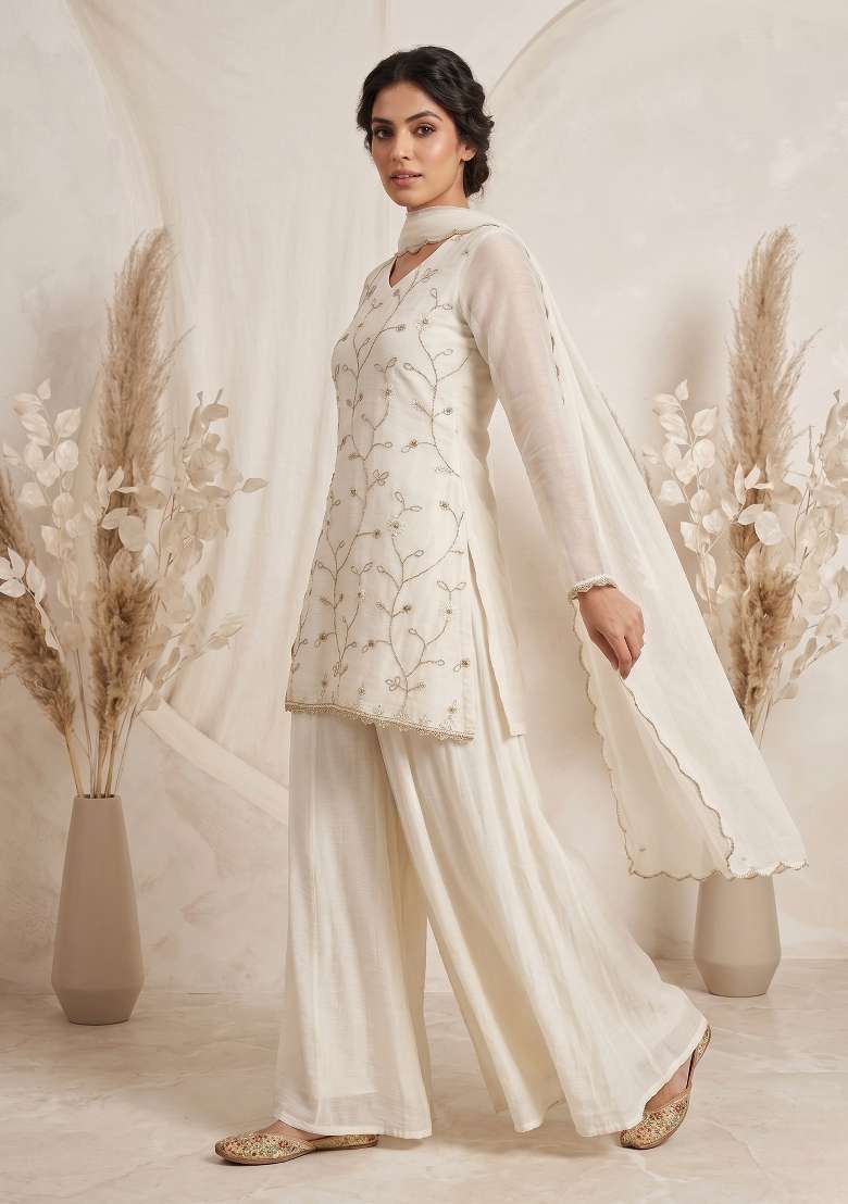 Ivory Embroidered Georgette Sharara Set - Indya