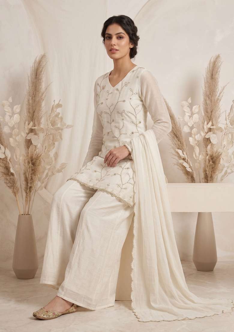 Ivory Embroidered Georgette Sharara Set - Indya