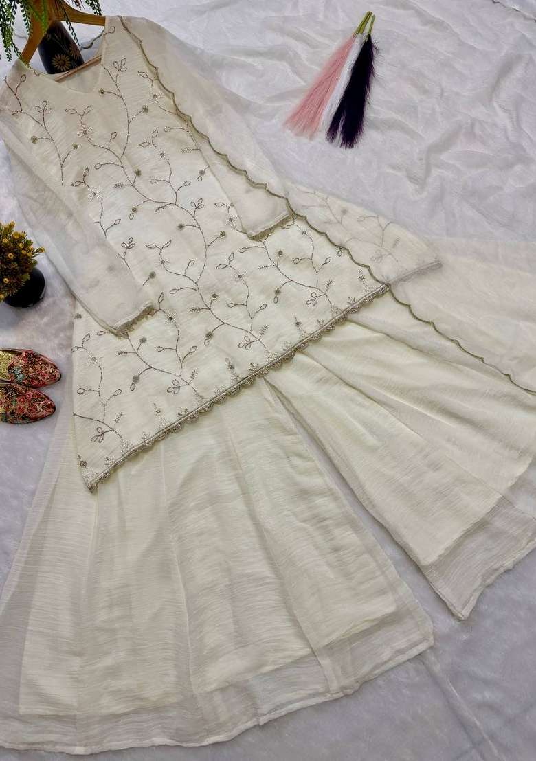 Ivory Embroidered Georgette Sharara Set - Indya