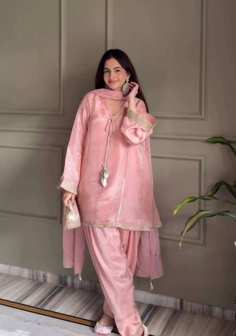 Baby Pink Embroidered Silk Sharara Set - Indya