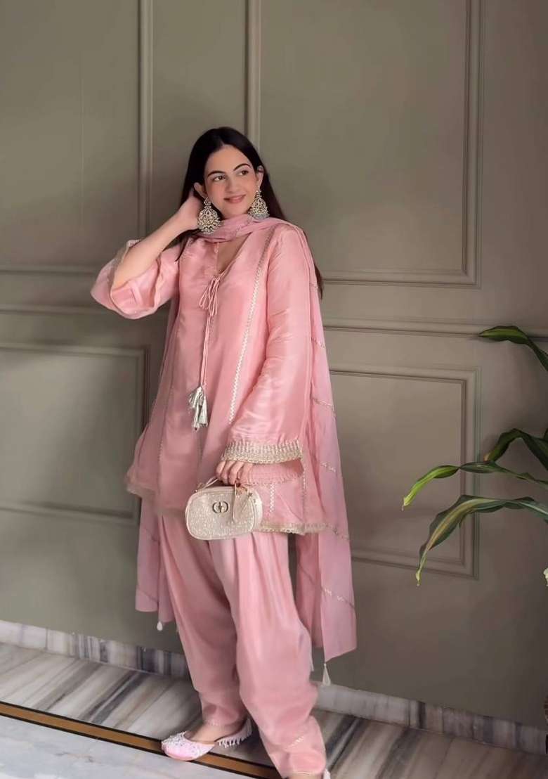 Baby Pink Embroidered Silk Sharara Set - Indya