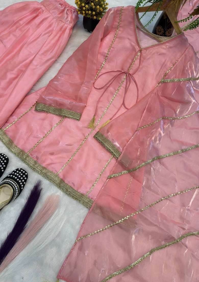 Baby Pink Embroidered Silk Sharara Set - Indya