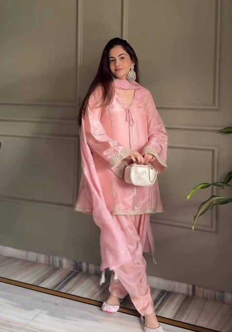 Baby Pink Embroidered Silk Sharara Set
