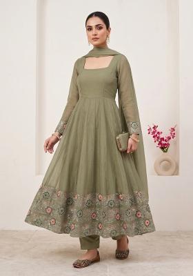 Olive Green Embroidered Silk Sharara Set