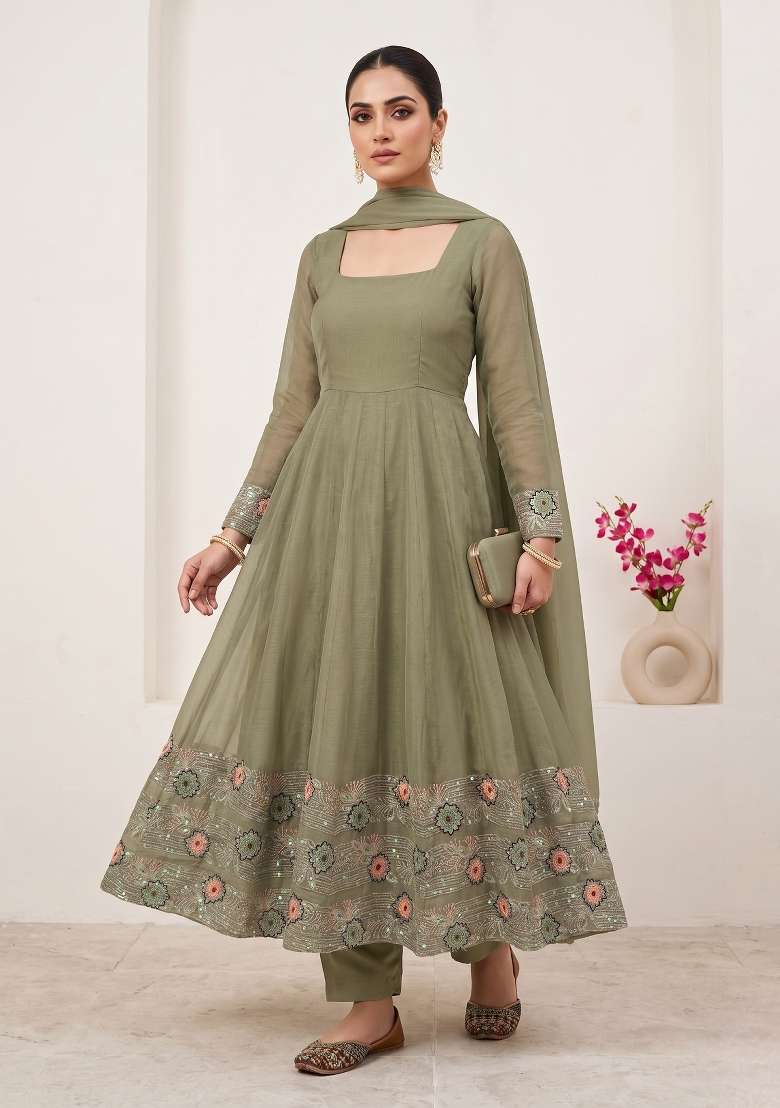 Olive Green Embroidered Silk Sharara Set - Indya