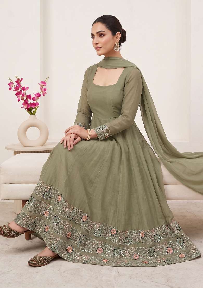 Olive Green Embroidered Silk Sharara Set - Indya