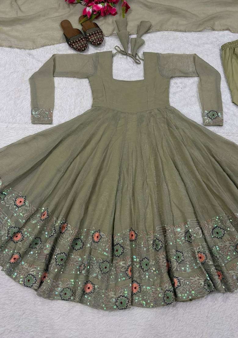 Olive Green Embroidered Silk Sharara Set - Indya