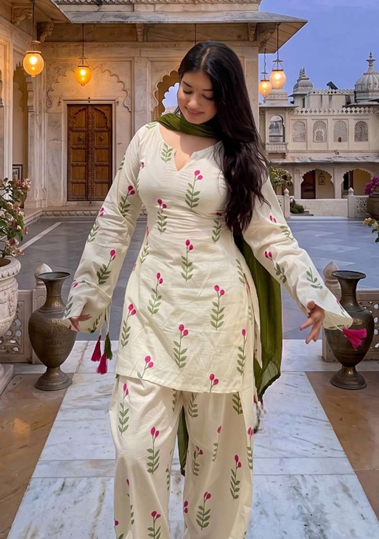 White Embroidered Cotton Sharara Set - Indya