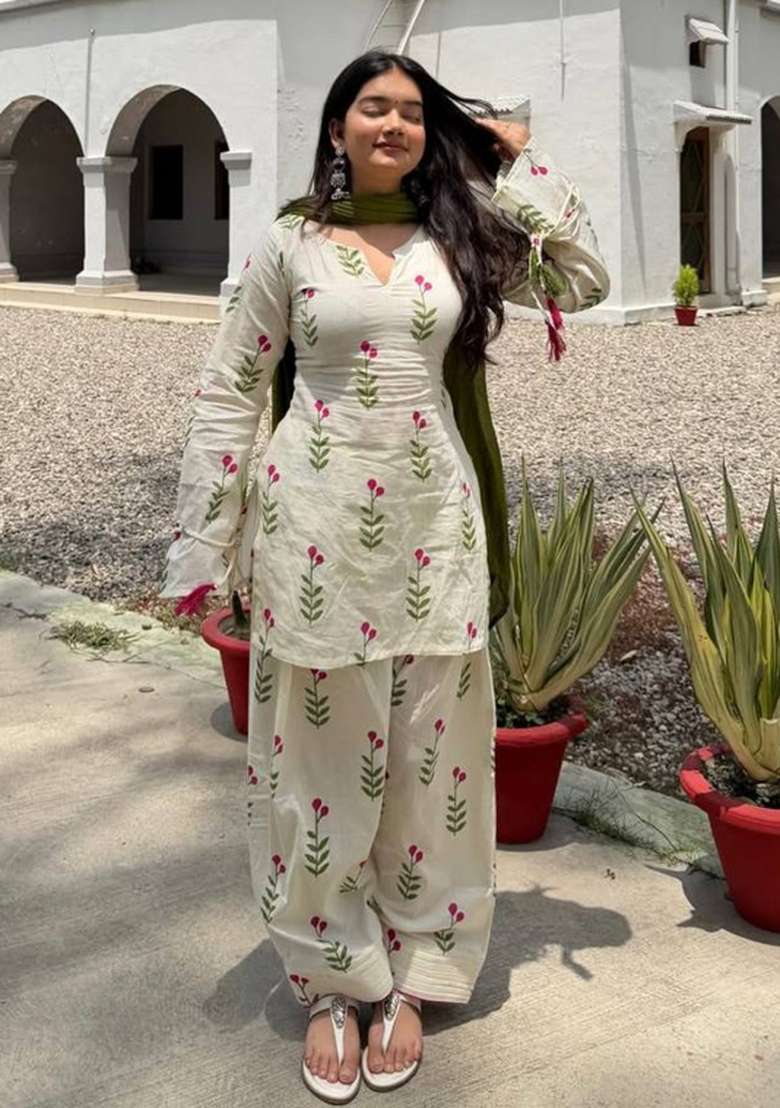 White Embroidered Cotton Sharara Set - Indya