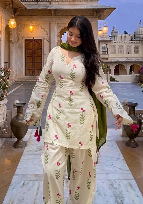 White Embroidered Cotton Sharara Set