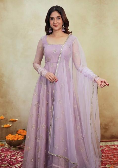 Lavender Embroidered Organza Sharara Set