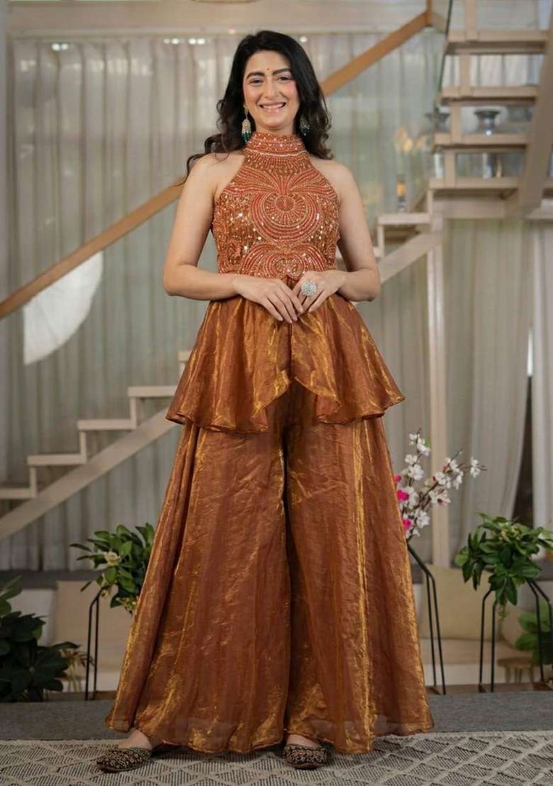 Brown Embroidered Silk Sharara Set - Indya