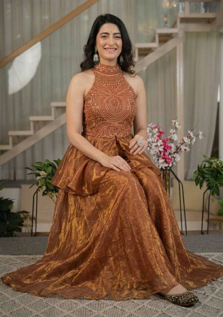 Brown Embroidered Silk Sharara Set - Indya