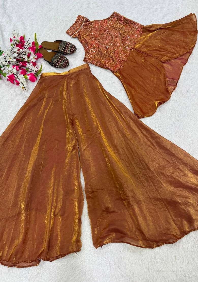 Brown Embroidered Silk Sharara Set - Indya