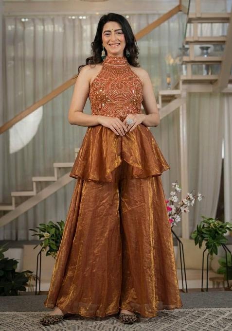 Brown Embroidered Silk Sharara Set