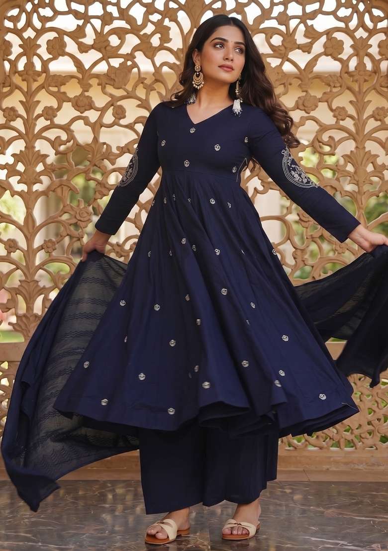 Navy Blue Embroidered Silk Sharara Set - Indya