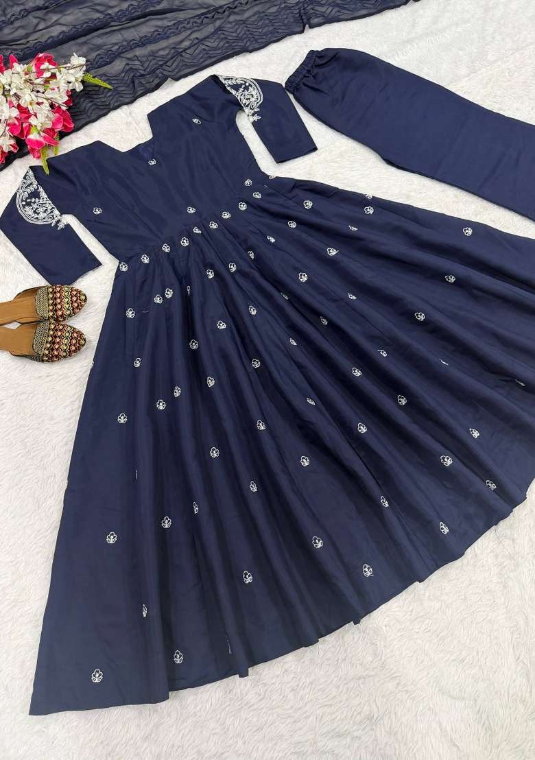 Navy Blue Embroidered Silk Sharara Set - Indya