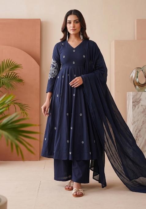 Navy Blue Embroidered Silk Sharara Set