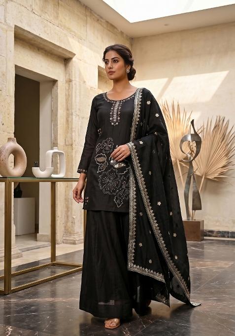 Black Embroidered Silk Sharara Set