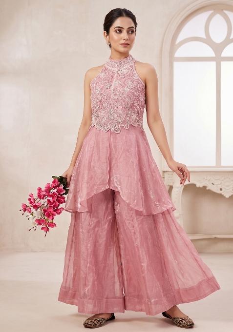Pink Embroidered Tissue Sharara Set