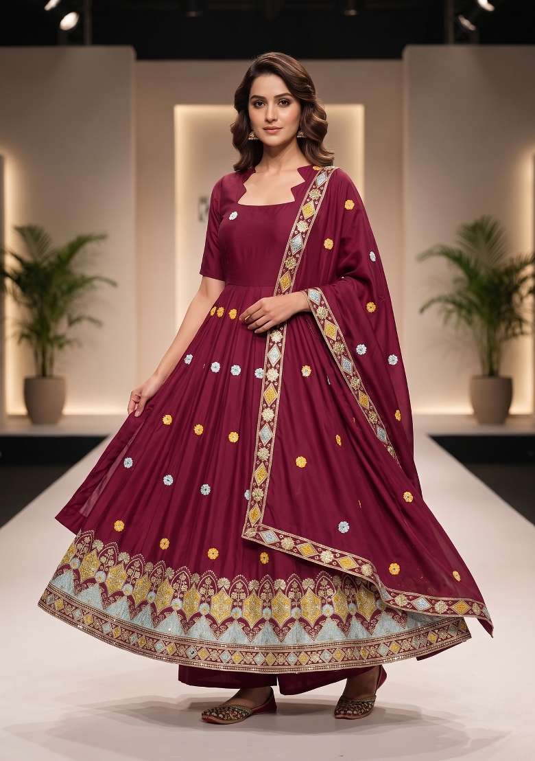 Maroon Embroidered Crepe Sharara Set - Indya