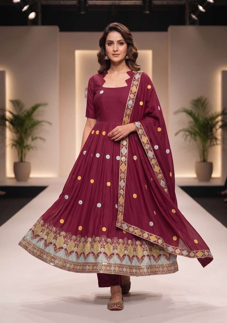 Maroon Embroidered Crepe Sharara Set - Indya