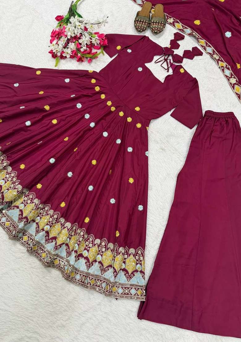 Maroon Embroidered Crepe Sharara Set - Indya
