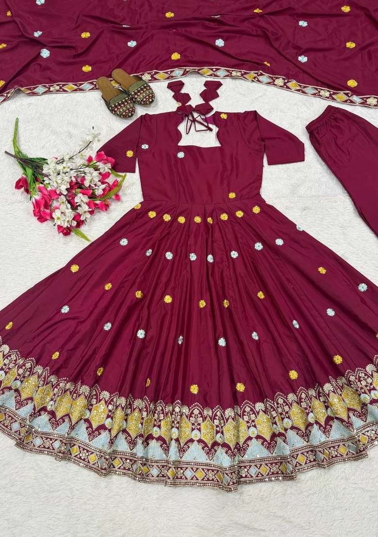 Maroon Embroidered Crepe Sharara Set - Indya