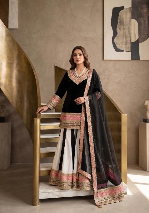 Black Embroidered Silk Sharara Set