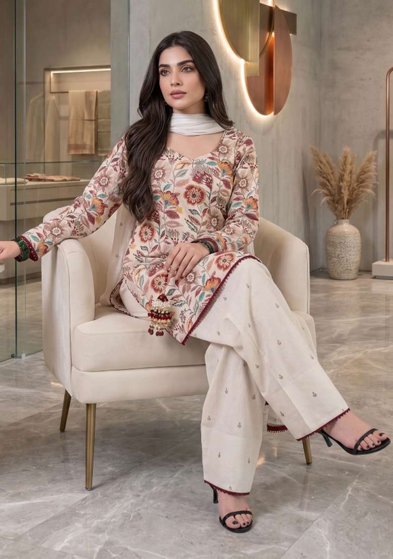 Cream Embroidered Cotton Sharara Set - Indya