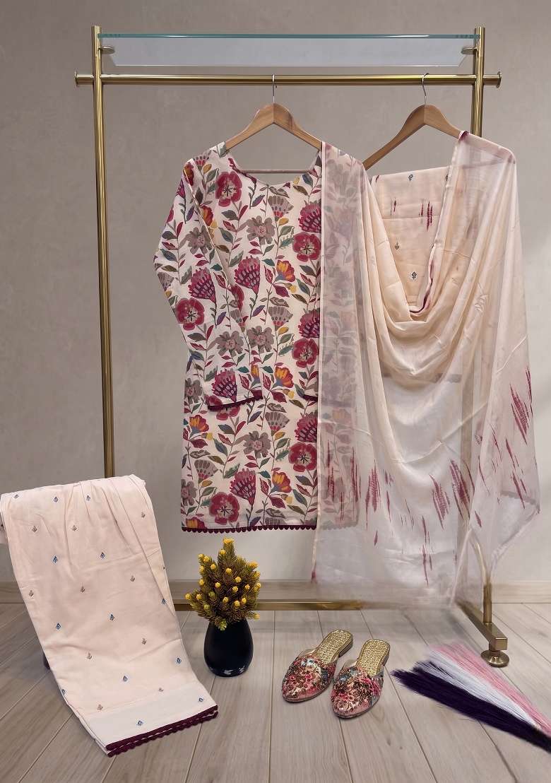 Cream Embroidered Cotton Sharara Set - Indya