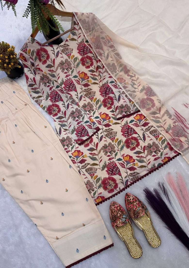 Cream Embroidered Cotton Sharara Set - Indya
