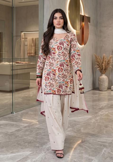 Cream Embroidered Cotton Sharara Set