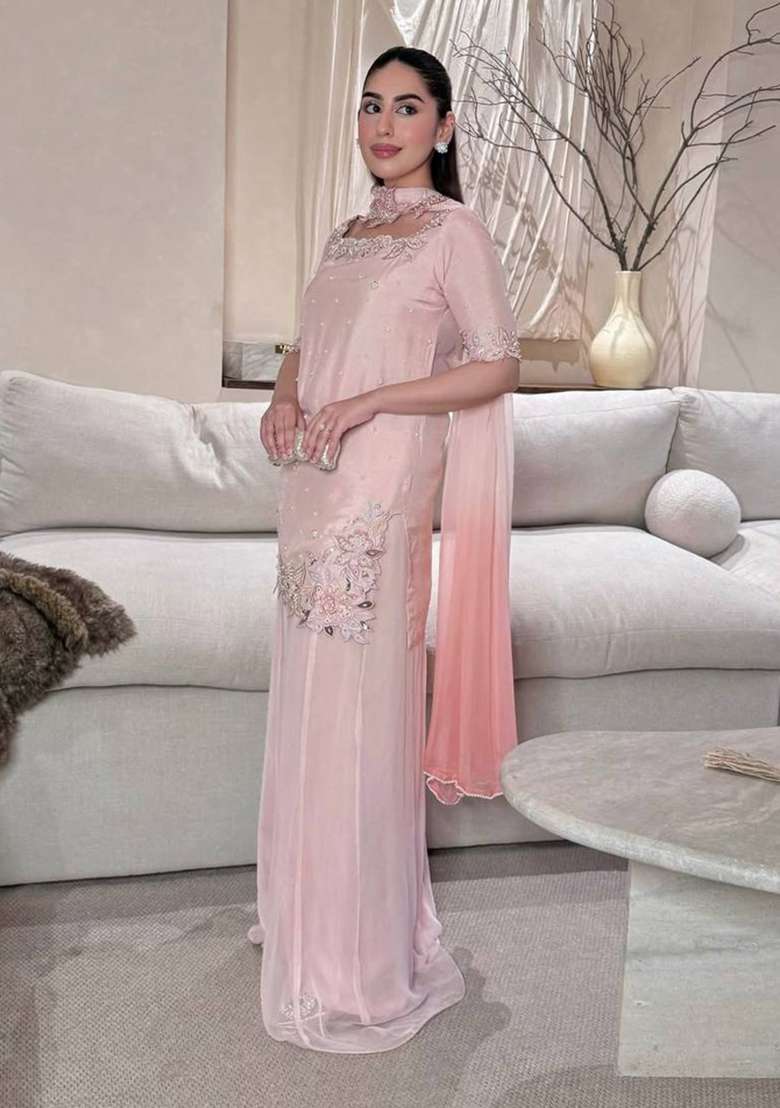 Pink Embroidered Silk Sharara Set - Indya
