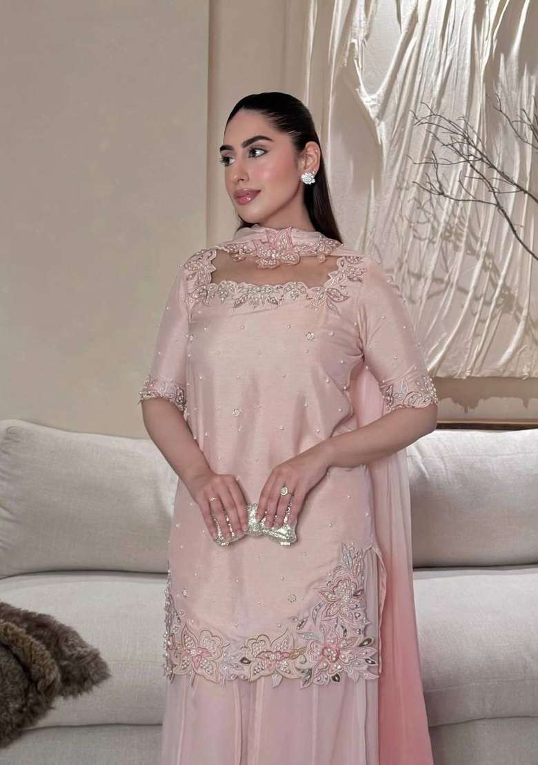 Pink Embroidered Silk Sharara Set - Indya