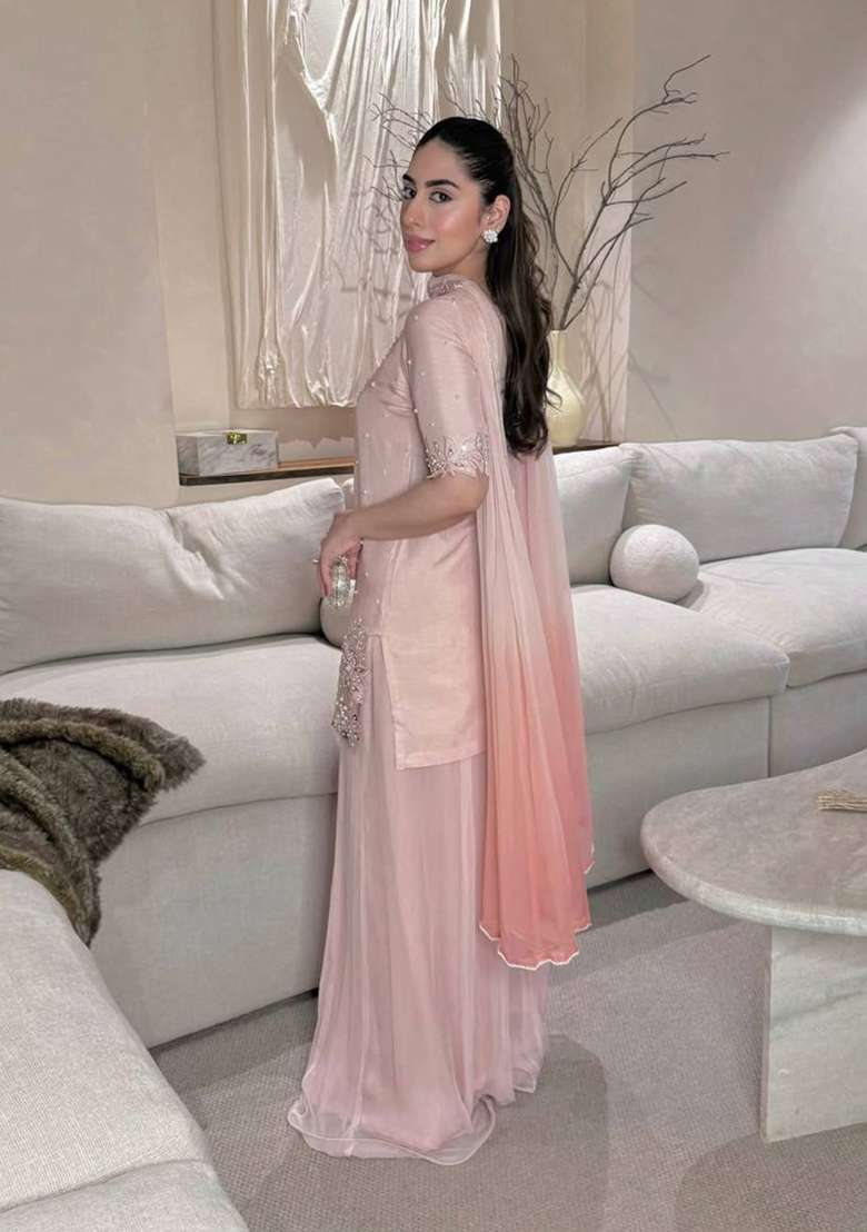 Pink Embroidered Silk Sharara Set - Indya