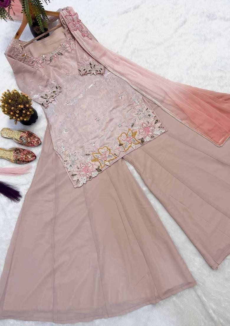 Pink Embroidered Silk Sharara Set - Indya
