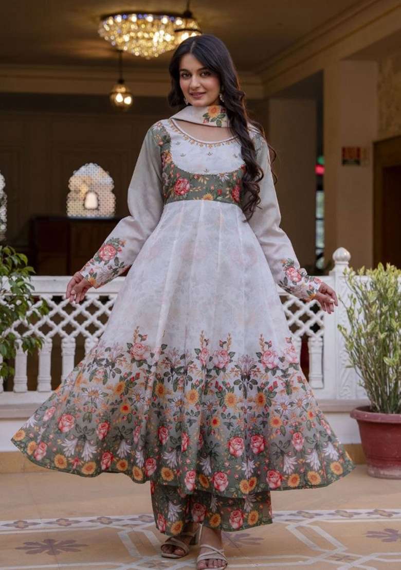 Grey Printed Chanderi Sharara Set - Indya