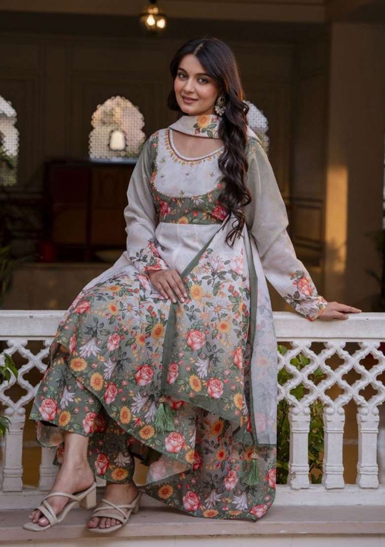 Grey Printed Chanderi Sharara Set - Indya