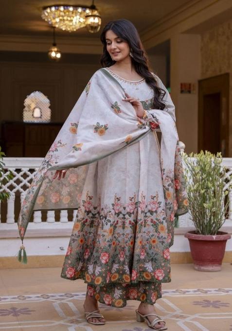 Grey Printed Chanderi Sharara Set