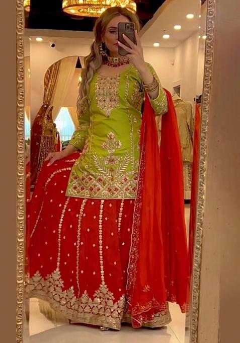 Green Embroidered Chinon Sharara Set