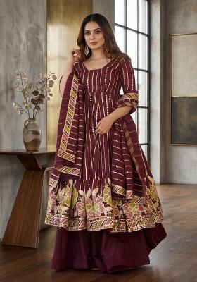 Wine Embroidered Georgette Sharara Set